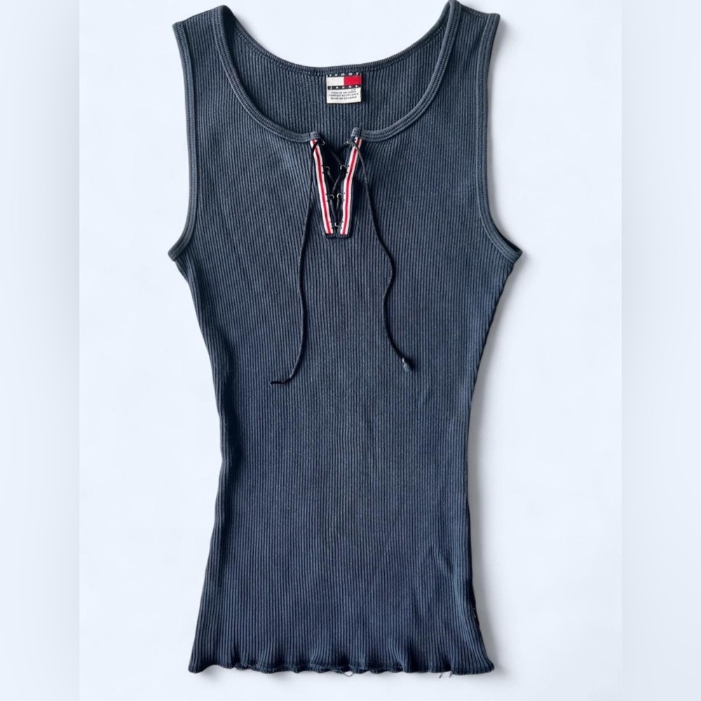 Y2K Navy Blue Ribbed Tommy Hilfiger Womens Lace Up Preppy Western Tank Top Small